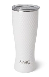 swig life 20oz pilsner tumbler, stainless steel double wall travel tumbler with lid, dishwasher safe, triple insulated thermos for hot or cold drinks in golf partee print with golf ball textured frame
