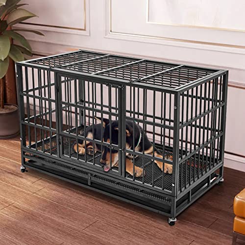 48 inch Heavy Duty Indestructible Dog Crate Steel Escape Proof, Indoor Double Door High Anxiety Cage, Kennel with Wheels, Removable Tray, Extra Large XL XXL