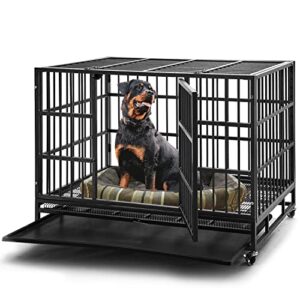 48 inch heavy duty indestructible dog crate steel escape proof, indoor double door high anxiety cage, kennel with wheels, removable tray, extra large xl xxl