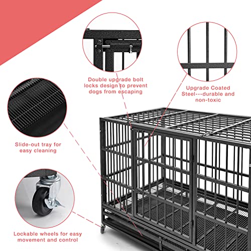 48 inch Heavy Duty Indestructible Dog Crate Steel Escape Proof, Indoor Double Door High Anxiety Cage, Kennel with Wheels, Removable Tray, Extra Large XL XXL