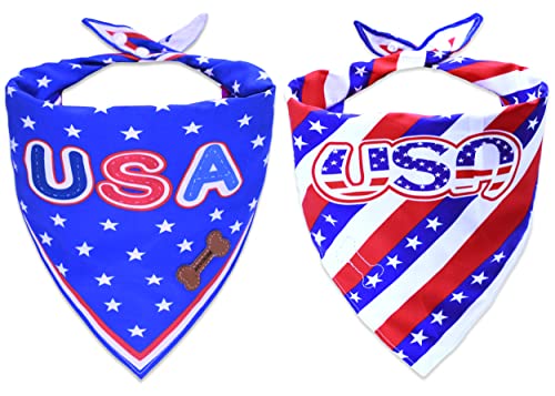 Dog Bandanas, NEVIRIGE Dog Bandana Scarf in 2 Pack, Triangle American Flag Pet Bandana Supply with Lanyard for Phone and Pet, Pet Accessories, S Size