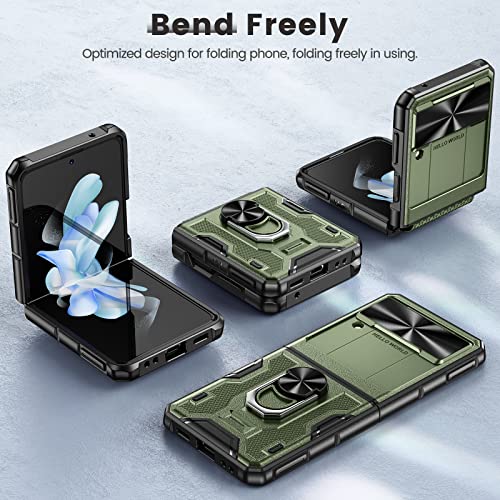 Caka for Galaxy Z Flip 4 Case, Z Flip 4 Case with Camera Cover, Hinge Protection& Kickstand with Built-in 360°Rotate Ring Stand Magnetic Protective Phone Case for Samsung Galaxy Z Flip 4 5G -Green