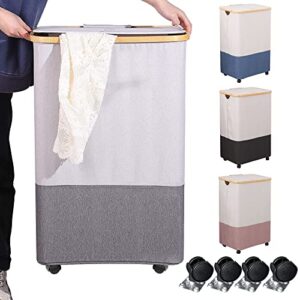 large laundry hamper with wheels, collapsible 105l laundry basket with lid for apartment, easy transport laundry organizer with bamboo handle (gray)