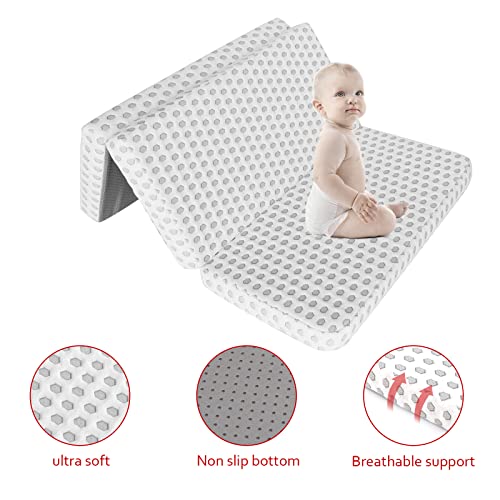 Trifold Mattress Topper for Pack N Play 37.5x26x2 Inch, Breathable Soft Portable Foldable Playard Mattress, Playpen Mattress for Pack and Play Crib,Mini Crib Mattress, Dots