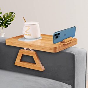 zenmox bamboo clip on couch tray built-in mug warmer with mug set - table for food, drink holder - modern, sleek design - with 360° rotating phone holder