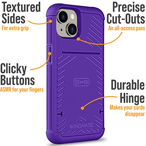 Scooch iPhone 14 Case with Card Holder [Wingmate] iPhone 14 Wallet Case with Hidden Card Slot and RFID Protection, Holds Up to 4 Cards, Military Grade Drop Protection, Purple