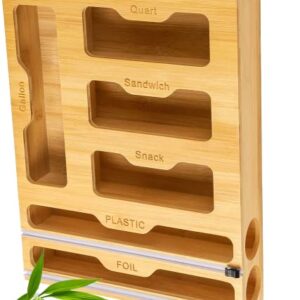 Bamboo Ziplock Bag Organizer | Foil and Plastic Wrap Organizer | Bamboo 6-in-1 Sandwich Bag Organizer Dispenser For Drawer, Wall | Kitchen Pantry Organization Storage| 12" X 2.125" Standard Rolls only