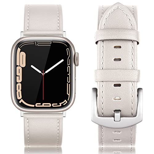 EDIMENS Leather Bands Compatible with Apple Watch 45mm 42mm 44mm Band Men Women, Vintage Genuine Leather Wristband Replacement Band Compatible for Apple Watch iwatch Series 8 7 6 5 4 3 2 1 SE White