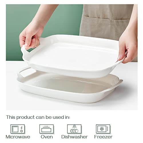DOWAN Serving Tray with Handles, 15.4" Large Rectangle Platter for Entertaining Party Display, White Porcelain Platters for Food Veggie Appetizer Cake, Plates for Restaurants, Set of 2