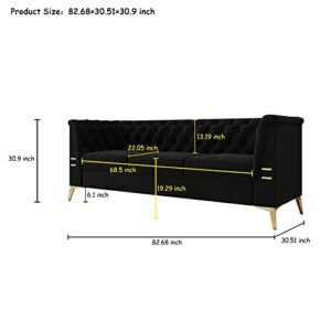 Modern Chesterfield Sofa, 82" Velvet Upholstered 3 Seater Couches with Removable Cushions, Mid-Century Modern Sofa Couch with Solid Wood Frame and Gold Legs for Living Room, Apartment, Office, Black