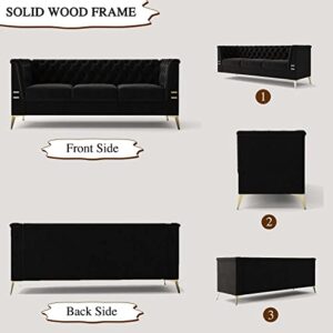 Modern Chesterfield Sofa, 82" Velvet Upholstered 3 Seater Couches with Removable Cushions, Mid-Century Modern Sofa Couch with Solid Wood Frame and Gold Legs for Living Room, Apartment, Office, Black