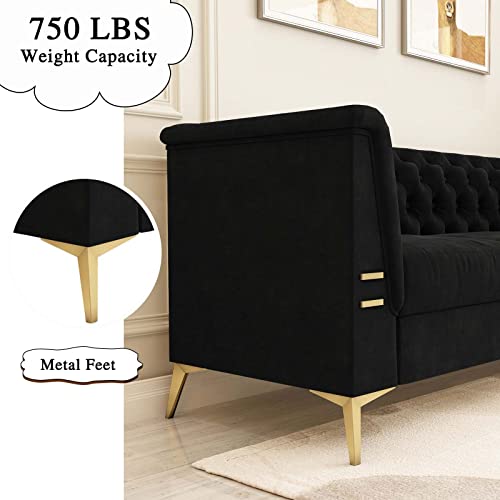 Modern Chesterfield Sofa, 82" Velvet Upholstered 3 Seater Couches with Removable Cushions, Mid-Century Modern Sofa Couch with Solid Wood Frame and Gold Legs for Living Room, Apartment, Office, Black