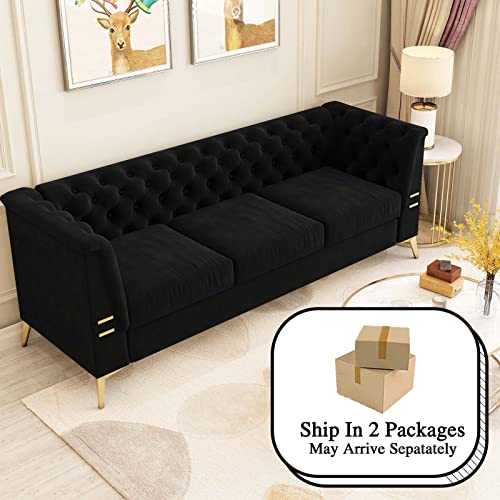 Modern Chesterfield Sofa, 82" Velvet Upholstered 3 Seater Couches with Removable Cushions, Mid-Century Modern Sofa Couch with Solid Wood Frame and Gold Legs for Living Room, Apartment, Office, Black