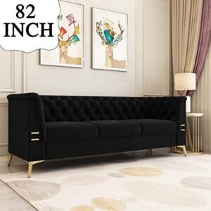 Modern Chesterfield Sofa, 82" Velvet Upholstered 3 Seater Couches with Removable Cushions, Mid-Century Modern Sofa Couch with Solid Wood Frame and Gold Legs for Living Room, Apartment, Office, Black