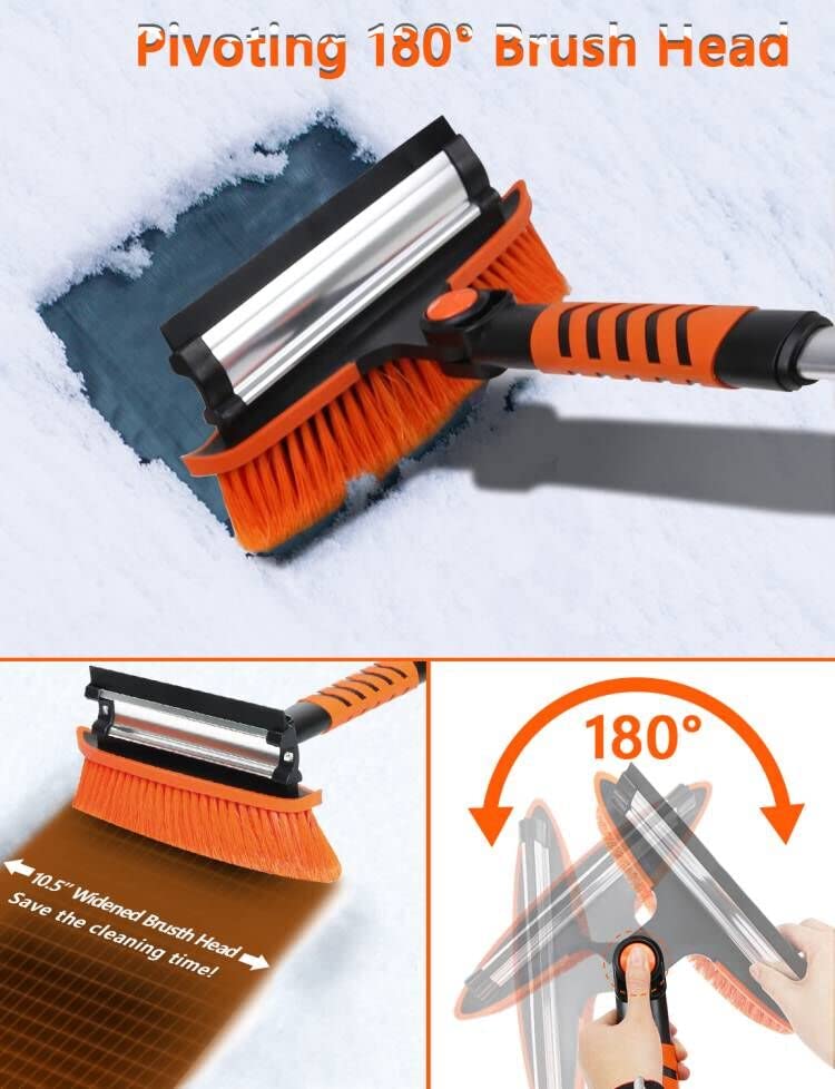 UHdod Ice Scraper and Snow Brush for Car SUV Trucks, 41” Extendable Snow Cleaning Brush for Car Windshield with Squeegee Telescoping Handle 180° Pivoting Brush Head Snow Scraper