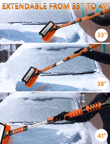 UHdod Ice Scraper and Snow Brush for Car SUV Trucks, 41” Extendable Snow Cleaning Brush for Car Windshield with Squeegee Telescoping Handle 180° Pivoting Brush Head Snow Scraper