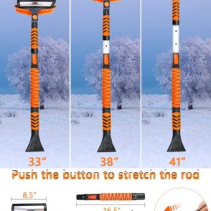 UHdod Ice Scraper and Snow Brush for Car SUV Trucks, 41” Extendable Snow Cleaning Brush for Car Windshield with Squeegee Telescoping Handle 180° Pivoting Brush Head Snow Scraper