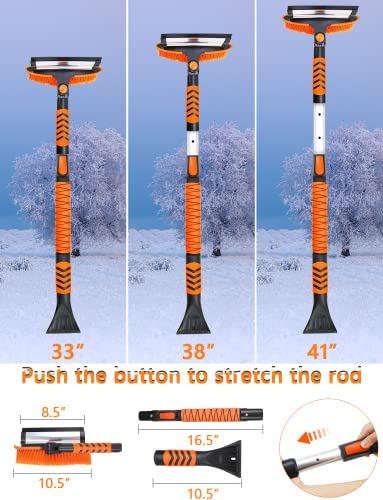 UHdod Ice Scraper and Snow Brush for Car SUV Trucks, 41” Extendable Snow Cleaning Brush for Car Windshield with Squeegee Telescoping Handle 180° Pivoting Brush Head Snow Scraper