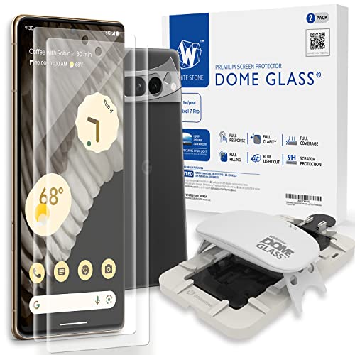 [2 DOME GLASS +1 CAM PACKAGE+ UV Lamp] Whitestone Dome Glass Screen Protector for Google Pixel 7 Pro (2022), Full Tempered Glass Shield with Liquid Dispersion Tech [Bubble free, non slide type installation kit] Screen Guard with Camera Film Protector - 2p