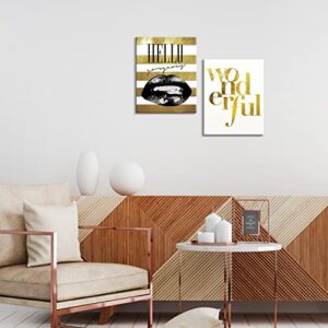 Creoate Fashion Women Wall Art 2 Pieces Lips Picture Canva Print Artwork Framed Set Black Gold Wall Decor for Girls Bedroom (Multi)…