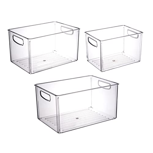 Elysolpluv Acrylic Storage Box 3 Pieces (Large, Medium And Small), Grocery Storage Box With Handle, Suitable For Refrigerator, Kitchen And Countertop Storage. (Clear)