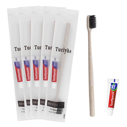 Tuciyke Disposable Toothbrush with Toothpaste Set Pack of 50,Straw Apricot Individually Wrapped Manual Travel Toothbrush Kit in Bulk Toiletries for Adults,Kids,Hotel,Homeless,Nursing Home,Charity