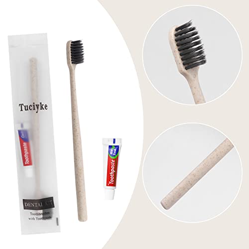 Tuciyke Disposable Toothbrush with Toothpaste Set Pack of 50,Straw Apricot Individually Wrapped Manual Travel Toothbrush Kit in Bulk Toiletries for Adults,Kids,Hotel,Homeless,Nursing Home,Charity