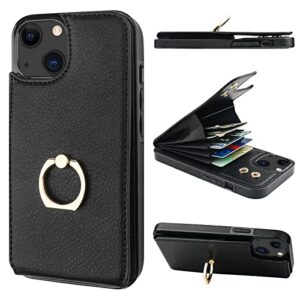 folosu compatible with iphone 14 case wallet with card holder, 360°rotation finger ring holder kickstand, rfid blocking leather protective double buttons shockproof cover 6.1 inch black
