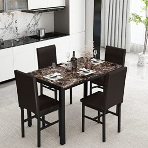 dining table set for 4, furniture 5 piece faux marble dining set, 4 faux leather metal frame chairs, dinette, compact space w/artificial marble for small spaces, dining room, kitchen