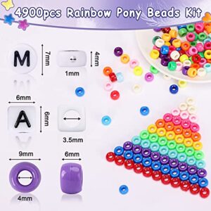 QUEFE 4900pcs Pony Beads Kit, 84 Colors Kandi Beads, 3780pcs Rainbow Hair 1080pcs Letter Heart for Craft Gifts Bracelets Jewelry Making with Elastic Strings