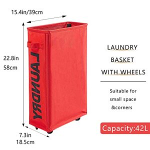 Cutyoung Laundry Hamper with Wheels, Laundry Basket with Wheels, Dirty Clothes Hamper, Laundry Bin, Slim Rolling Laundry Hamper Collapsible (Red, 42L)