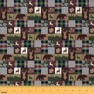 erosebridal rustic farmhouse decorative fabric, xmas moose lodge fabric by the yard, patchwork grizzly bears fabric, buffalo plaid check vintage wooden hunting animal upholstery fabric, 2 yards