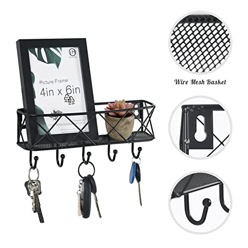 HappyHapi Key Holder for Wall Decorative, Entryway Key Hooks, Wall Mounted Key Rack with 5 Hooks, Metal Wire Mesh Basket Mail Holder, 9.8”Lx2.1”Wx4.1”H