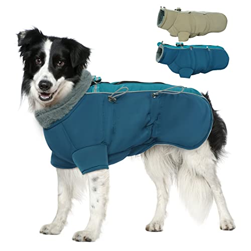 IKIPUKO Warm Dog Puffer Jacket, Zip Up Dog Coat with Harness Waterproof Dog Winter Coat for Large Medium Small Dogs Fleece High Collar Dog Snowsuit Dog Winter Jacket Reflective Dog Jacket(Green 3XL)