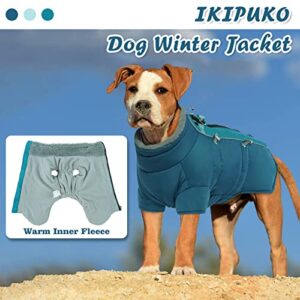 IKIPUKO Warm Dog Puffer Jacket, Zip Up Dog Coat with Harness Waterproof Dog Winter Coat for Large Medium Small Dogs Fleece High Collar Dog Snowsuit Dog Winter Jacket Reflective Dog Jacket(Green 3XL)