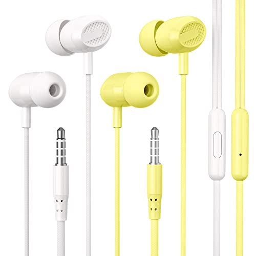 ELOVEN 3.5mm Wired Headphones HiFi Stereo Sound Wired Earbuds Noise Cancelling in-Ear Headset with Bulit-in Mic Volume Control Sports Earphones for iPhone Samsung iPad (2 Pack White+Yellow)