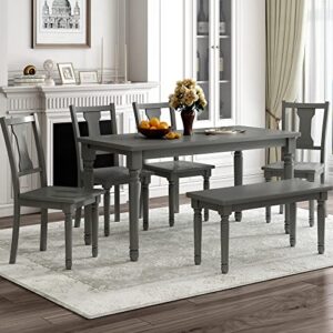 p purlove 6 piece dining table set, wood dining room table and 4 chairs, 1 bench, retro style kitchen table set for 6 persons, gray