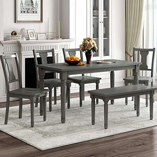 P PURLOVE 6 Piece Dining Table Set, Wood Dining Room Table and 4 Chairs, 1 Bench, Retro Style Kitchen Table Set for 6 Persons, Gray