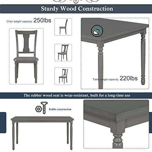 P PURLOVE 6 Piece Dining Table Set, Wood Dining Room Table and 4 Chairs, 1 Bench, Retro Style Kitchen Table Set for 6 Persons, Gray