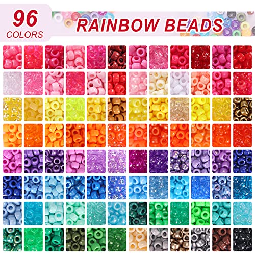 QUEFE 3250pcs Pony Beads Set, Kandi Beads 2400pcs Rainbow Beads in 96 Colors, 800pcs Letter and Heart Beads with 20 Meter Elastic Threads for Bracelet Jewelry Necklace Making