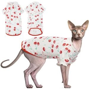 dentrun cherry pattern sphynx hairless cats shirt, pullover kitten t-shirts with puff sleeves, breathable cat wear cute turtleneck sweater adorable cat's clothes vest pajamas jumpsuit, xs