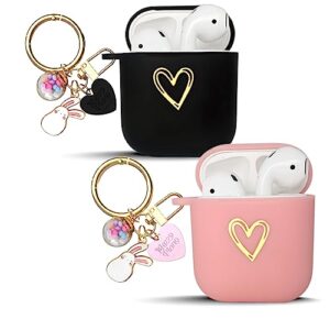 redx1 [2 pack] airpods case gold heart design protective cover with lucky ball keychain accessories,soft tpu for women,girl,teen compatible with airpods 1&2nd generation (black,pink)