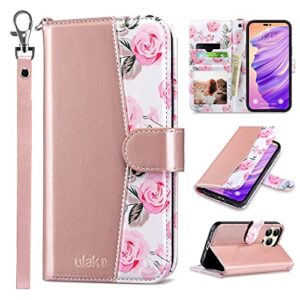 ulak compatible with iphone 14 pro max wallet case for women with credit card holders, designed flip pu leather kickstand shockproof protective cover for iphone 14 pro max 6.7 inch 2022, rose gold