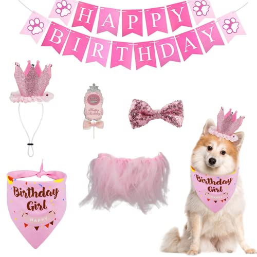 Dog Birthday Party Supplies for Girls, Dog Birthday Outfit - Dog Birthday Bandana, Adjustable Dog Birthday Hat, Wearable Dog Bowtie, Tutu Skirt, Happy Birthday Banner and Cake Fork (Pink)