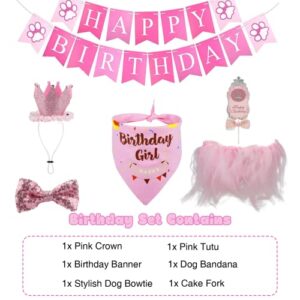 Dog Birthday Party Supplies for Girls, Dog Birthday Outfit - Dog Birthday Bandana, Adjustable Dog Birthday Hat, Wearable Dog Bowtie, Tutu Skirt, Happy Birthday Banner and Cake Fork (Pink)
