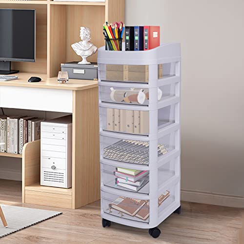 Plastic Wide Storage Drawer Cart Cosmetic Storage Tower Craft Storage Containers Bins with 6 Clear Drawers