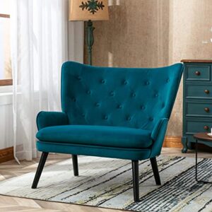 dolonm accent chair velvet small loveseat tufted button wingback armchair modern mid century settee loveseat with solid wood legs for living room bedroom reading waiting room (teal)