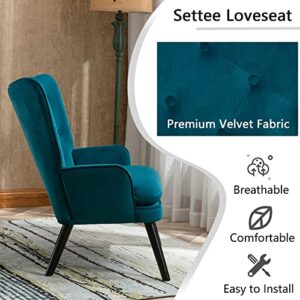 Dolonm Accent Chair Velvet Small Loveseat Tufted Button Wingback Armchair Modern Mid Century Settee Loveseat with Solid Wood Legs for Living Room Bedroom Reading Waiting Room (Teal)