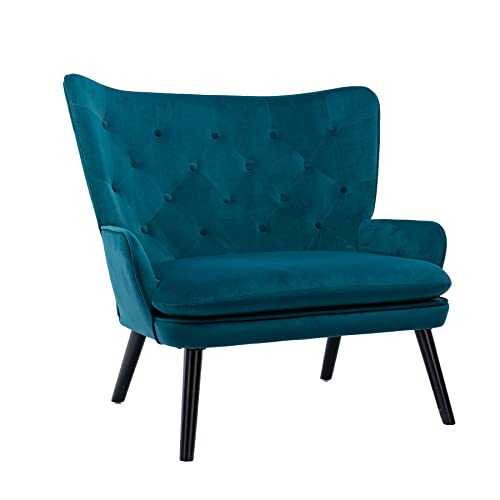 Dolonm Accent Chair Velvet Small Loveseat Tufted Button Wingback Armchair Modern Mid Century Settee Loveseat with Solid Wood Legs for Living Room Bedroom Reading Waiting Room (Teal)