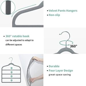 Velvet Hangers Pants Hangers Space Saving Hangers for Pants Non-Slip Multiple Closet Hanger Organizer for Trousers Tie Scarf Grey Pack of 4